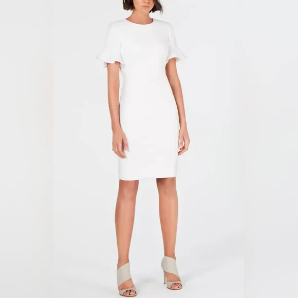Calvin Klein White Ruffle Sleeve Sheath Dress - Size 6 - Picture 1 of 2